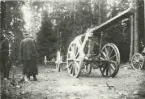 En 12 cm kanon m/1885 från positionsartilleriet uppställd med föreställare i skog.