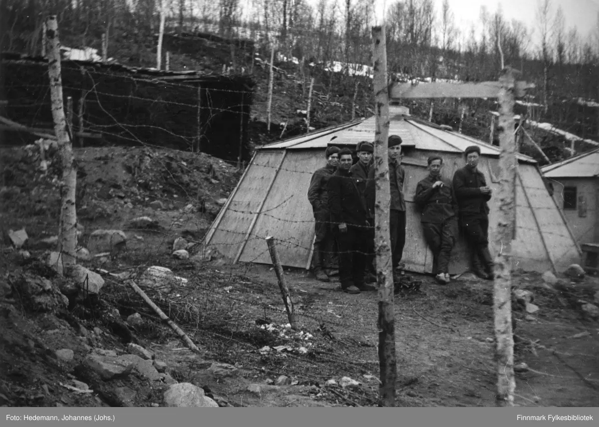 Den sovjetiske fangeleiren ved Laksevatn i Balsfjord.

Baksiden på fotografiet sier at dette er fra Skjold i Målselv, men Narviksenteret sier at dette ikke er riktig. Rett sted skal i følge senteret være leiren ved Laksevatn.