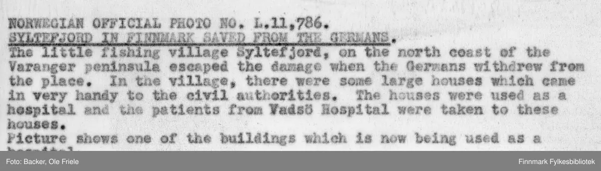 Vardø sykehus flyttet til Syltefjord etter bombingen av Vardø 23. august 1944.