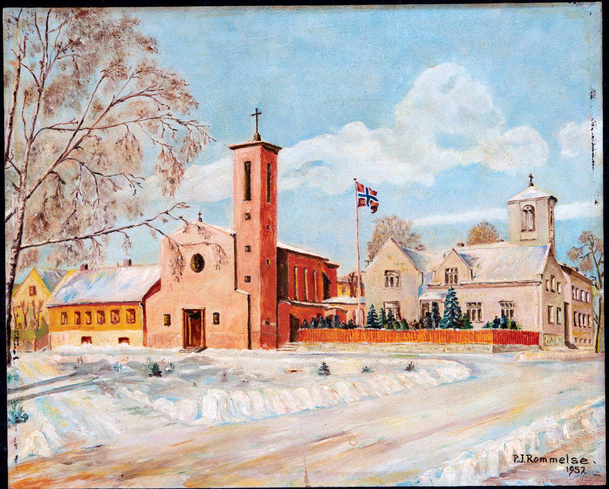Oljemaleri av St. Thorfinns kirke og klinikken deres i Hamar. Malt av P. J. Rommelse i 1952.