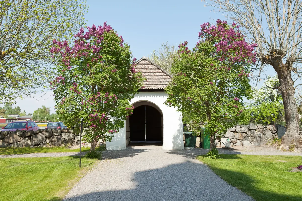 Den norra stigluckan inramad av två syrenträd.