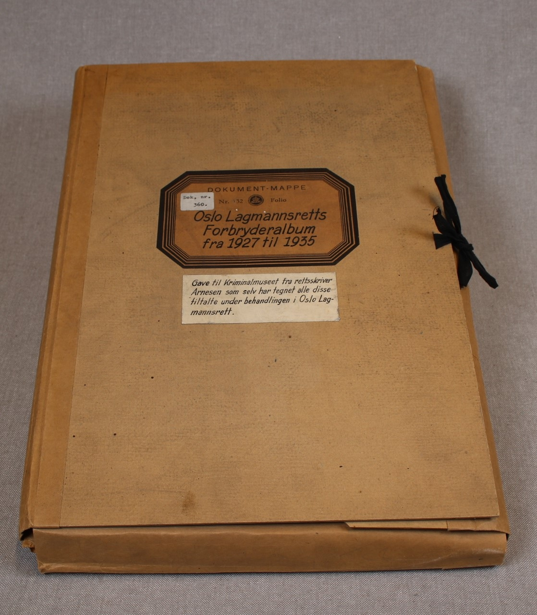 Lysebrun dokumentmappe i tykk papp. mappen inneholder 9 papirmapper med med tittelen"Oslo Lagmannsretts Forbryteralbum" og årstall fra 1927 til 1935. Hver mappe inneholder en bunke papirark med 3-6 små portretter på hver side. Enkle tegninger i blekk, over blyanskisser. De portretterte vises fra livet og opp. Hvert portrett er nummerert og datert. Den portrettertes navn, lovbruddet vedkommende stod tiltalt for, samt utfallet av saken er notert i håndskrift under hvert portrett. De tre første mappene har dessuten illustrasjoner på forsiden. Til sammen rundt 1100 portretter.