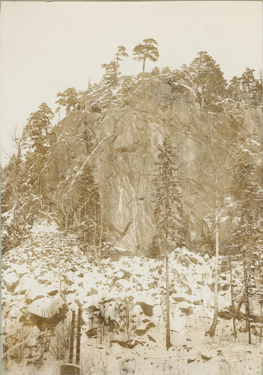 Enligt tidigare notering: Uddevalla "Schweiz"

Korpberget under snötäcke.

Stämplad i högra hörnet: 1909. Maria Lundbäck Uddevalla.