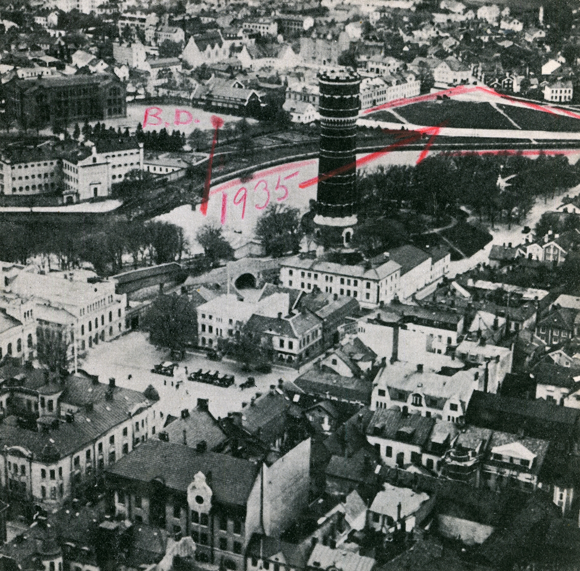 Foto där området som skulle disponeras av Barnens Dag i Kalmar 1935 är inritat.