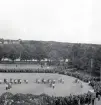 Lantbruksmötet.
Hästpremiering. Vy från läroverket ner över skolgården med pågående
hästvisning. 
I bakgrunden syns bl a Östregårdsskolan m.m. på Öster.