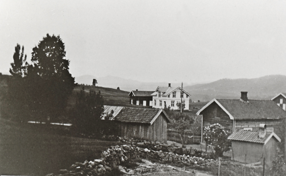 Gården (det hvite huset) med (låven helt til høyre) ble kalt Risteigen (men heter egentlig noe annet). På jordene er det et boligfelt. Skrim fjellene i bakgrunnen.