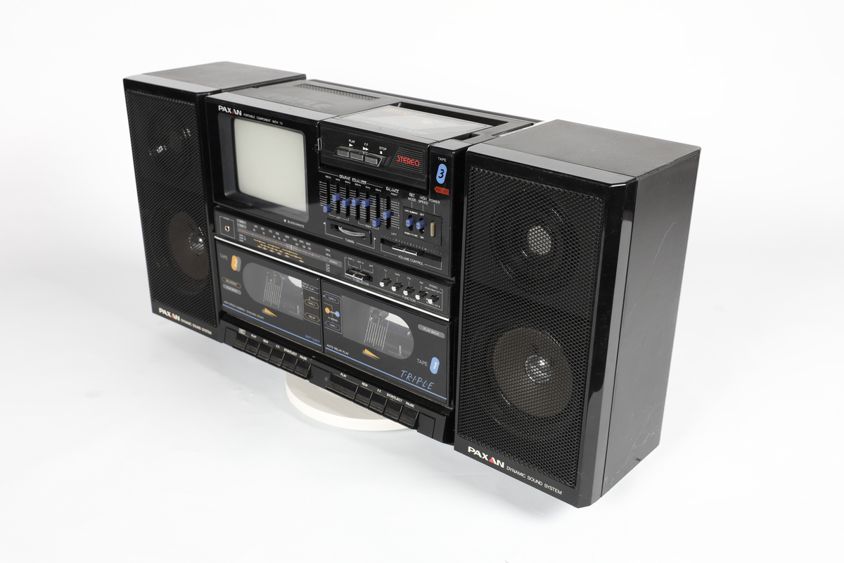 Paxan RT-4 Dynamic Sound System Sort/hvit TV, AM/FM Radio, dobbel kassettspiller og avtagbar kassettspiller, 2 høyttalere



