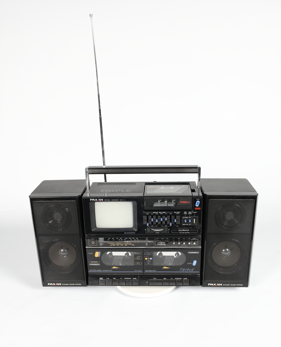 Paxan RT-4 Dynamic Sound System Sort/hvit TV, AM/FM Radio, dobbel kassettspiller og avtagbar kassettspiller, 2 høyttalere



