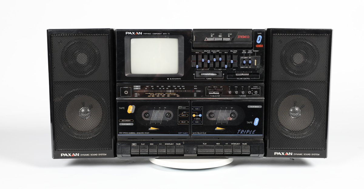Paxan RT-4 Dynamic Sound System Sort/hvit TV, AM/FM Radio, dobbel kassettspiller og avtagbar kassettspiller, 2 høyttalere



