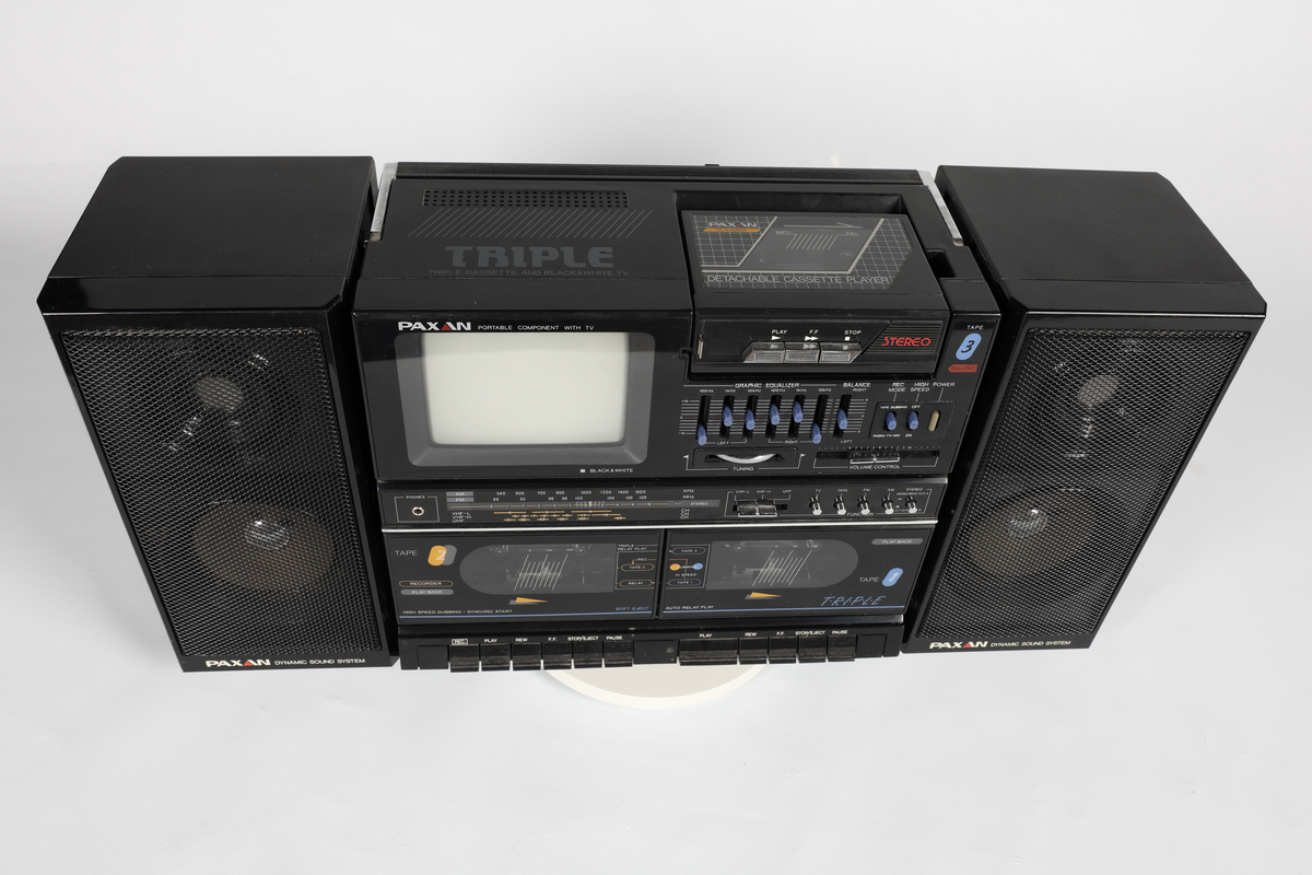 Paxan RT-4 Dynamic Sound System Sort/hvit TV, AM/FM Radio, dobbel kassettspiller og avtagbar kassettspiller, 2 høyttalere



