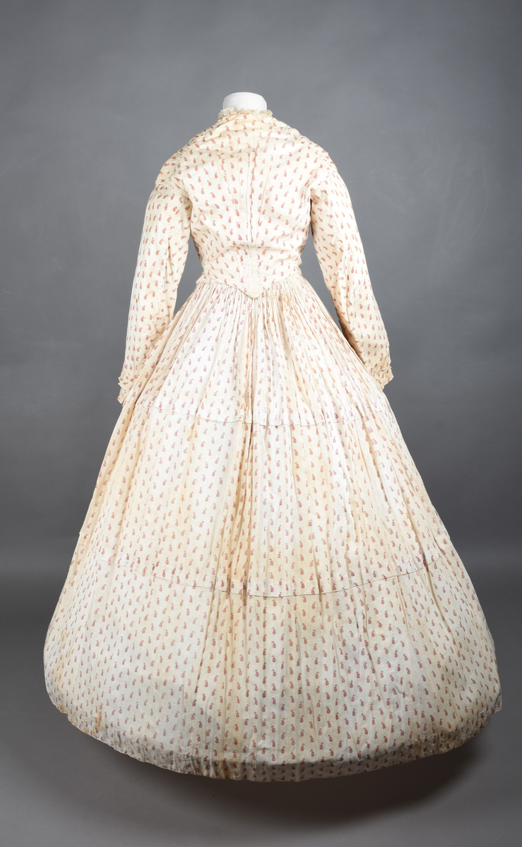 Bomullskjole i to deler, laget av voile med hvit bunn og små strøbuketter i burgunderfarge, hvor prikkene delvis er falmet bort. Skjørtet er sterkt rynket og festet til en smal linning av grov lin, med to legg nederst og en kant med smal bomullsnor. Livet har lange ermer, rund halsringning uten krage, og en skjult hekteåpning som går helt ned. Foran og bak går livet ned i en spiss, med rynkefolder fra skuldrene ned mot spissene. Livet er helfôret, og fôret går inn i ermene. Halsen er kantet med en liten kniplingsrysj, og det er to stoffknapper ved hvert håndledd. Hemper for oppheng er innsydd i skuldersømmene, og det er opphengshemper sydd inn i skjørtets linning. Kjolen er håndsydd.