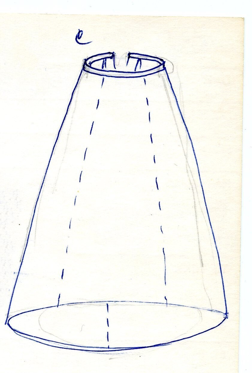 Skjørt av brokade med valmuemønster (jugend). Slep bak og ekstra vidde over setet hvor det er plass til en kø.