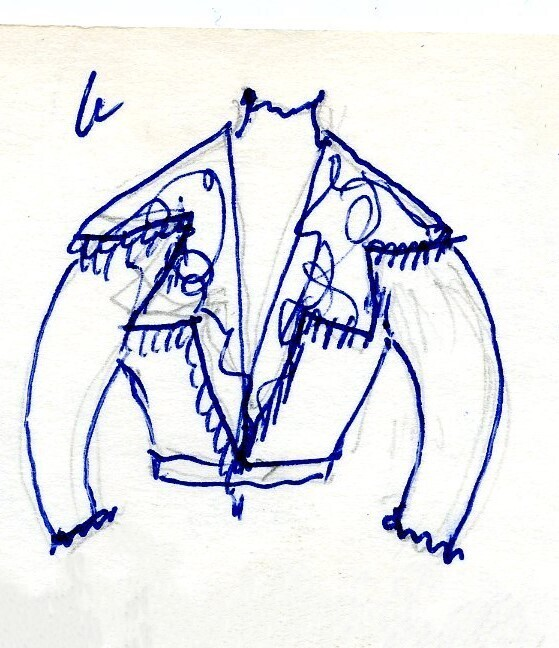 Kjoleliv av sort brokade. Silkeinnfelling og tyllinnfelling foran. Stjernekrave besatt med slag av paljetter og perler. Høy halslinning. Brokaden har et valmuemønster (jugend).