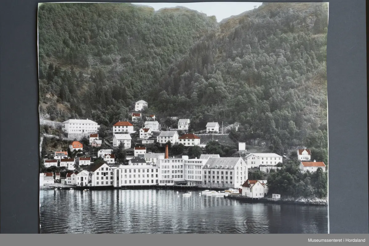 Handkolorert foto av Salhus Tricotagefabrik utanfor Bergen, sett frå sjøen.