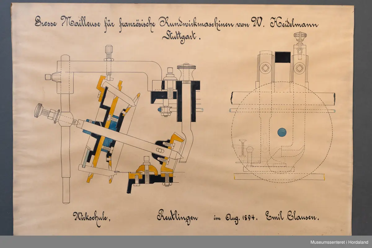 Detaljteikning av strikkemaskin i blekk i fargar. På den står det skrive "Stor mailleuse (fransk rundstol) for franske rundstrikkemaskiner fra Wilh. Heidelmann, Stuttgart. Reutlingen Wirkschule, august 1894, Emil Clausen.