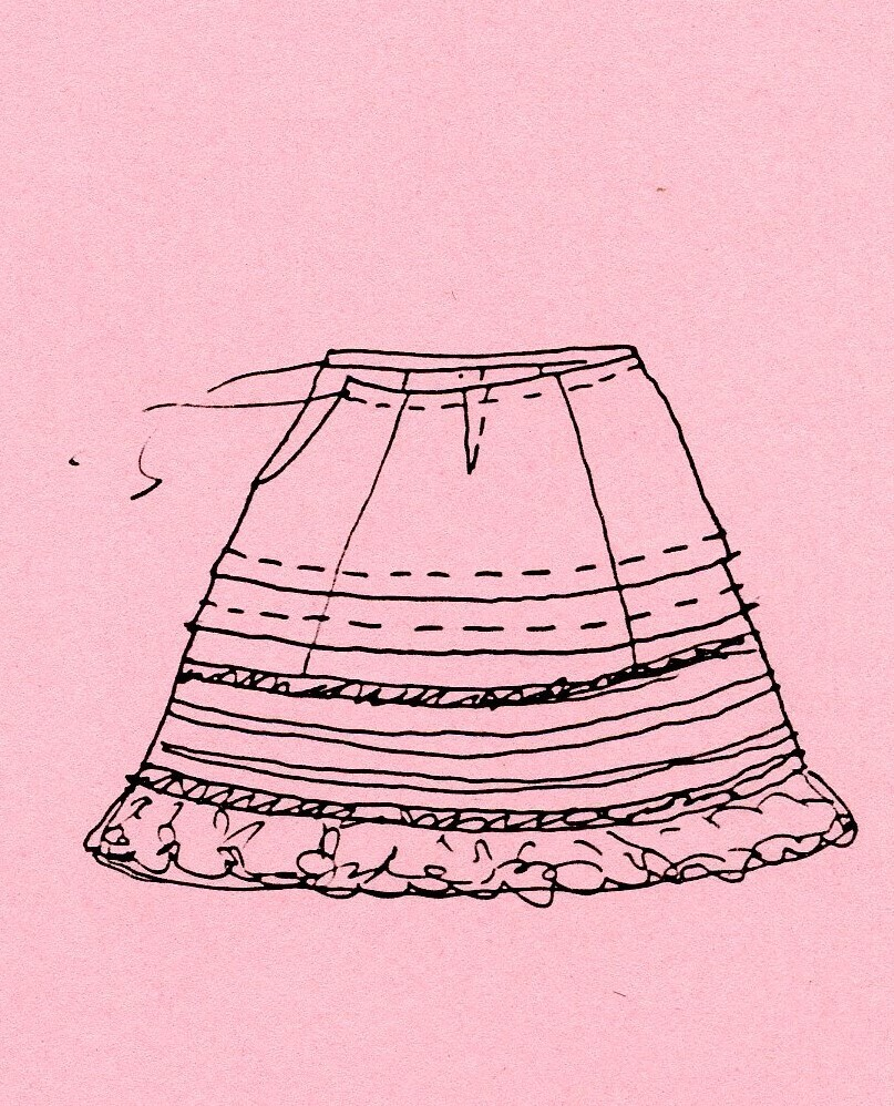 Underskjørt av lin. Sveitserblonde av bomull. Skjørtet er sydd i fem bredder, hver med et innsnitt oppe. En løpegang i øvre kant tyder på at bindebåndet opprinnelig har vært et trekkebånd, men nå er det bare sydd fast i hver side av splitten. Nede er det en 26 cm bred kappe, skåret på skrå av stoffet og lett rynket til et mellomverk i overgangen til selve skjørtet. Kappen er stivet av med fire bieser og dessuten blitt påsydd (utenpå, ikke nedenfor) et mellomverk og en rynkekappe av sveitserblonde. Ovenfor kappene er skjørtet forkortet av to tråklete legg, hver ca 3 cm brede.