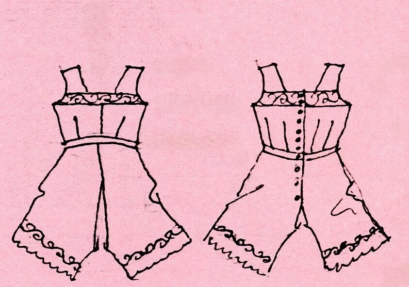 Kombinasjon av bomullslerret. Kraftig kypervevd lerret (twill). Overdelen har brede skulderstropper og er figursydd til en linning i taillen. Benklærne er sydd til samme linning og de har lavt skritt og er helt åpne nedentil. Knappet foran med elleve små knapper. Broderi og tungekant nederst - “løpende hund”-ranke rundt store prikker, tungekant på beina. Noen rustflekker. Lite hull revet bak.