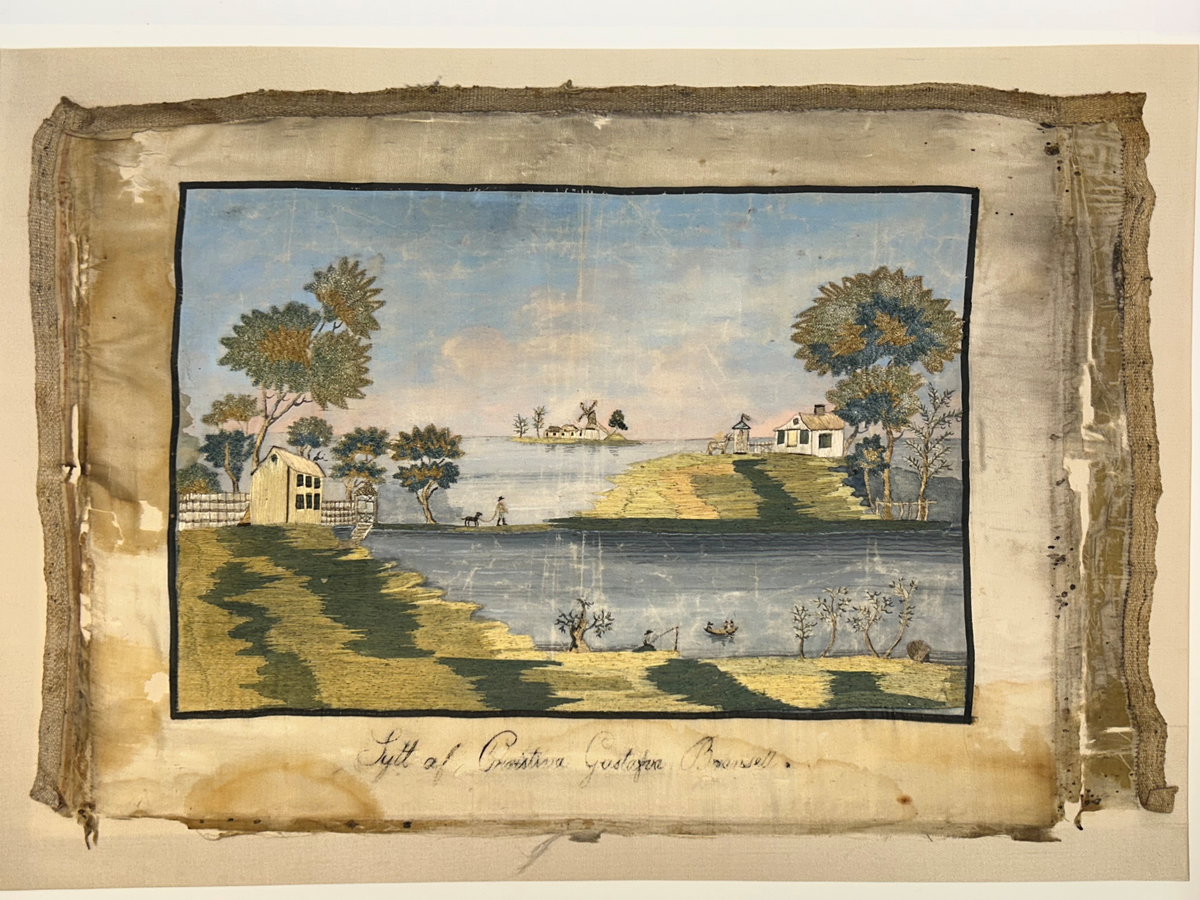 Landskapsmotiv föreställande en strand vid en sjö med till en viss del bebyggda öar.