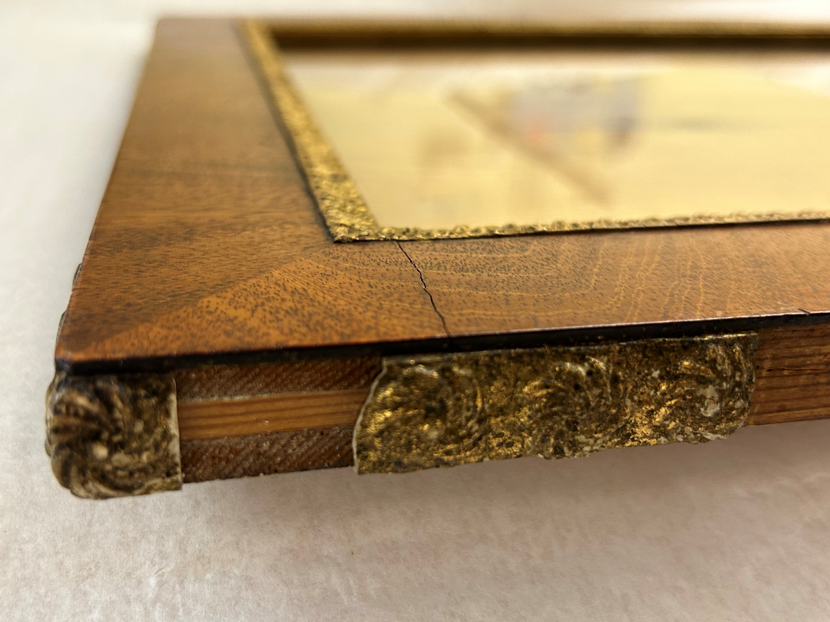 Ram av mahogny med förgylld palmettlist i pastellage med tillhörande glas. Runt ramen löper en förgylld kant med blomrosetter i pastellage. Baksidan av ramen är furu.