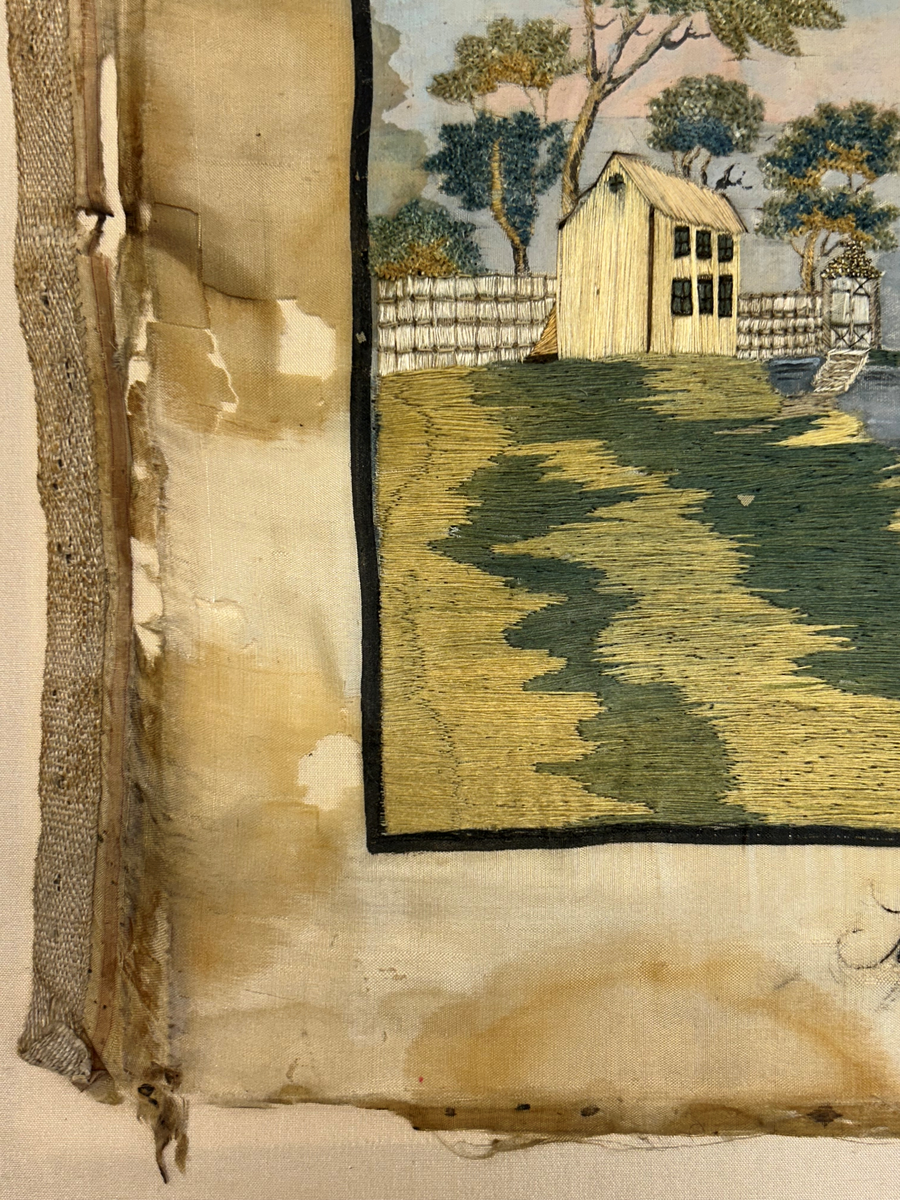 Landskapsmotiv föreställande en strand vid en sjö med till en viss del bebyggda öar.