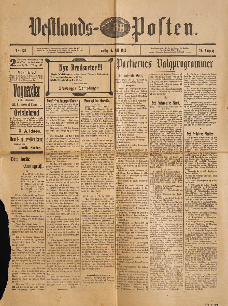 To utgaver av "Vestlandssposten" (1905 og 1912) og et billag som viser "Den nye Regjering. Udnævnt 14de Oktober 1895". Det er både gotisk og latinsk skrift.
