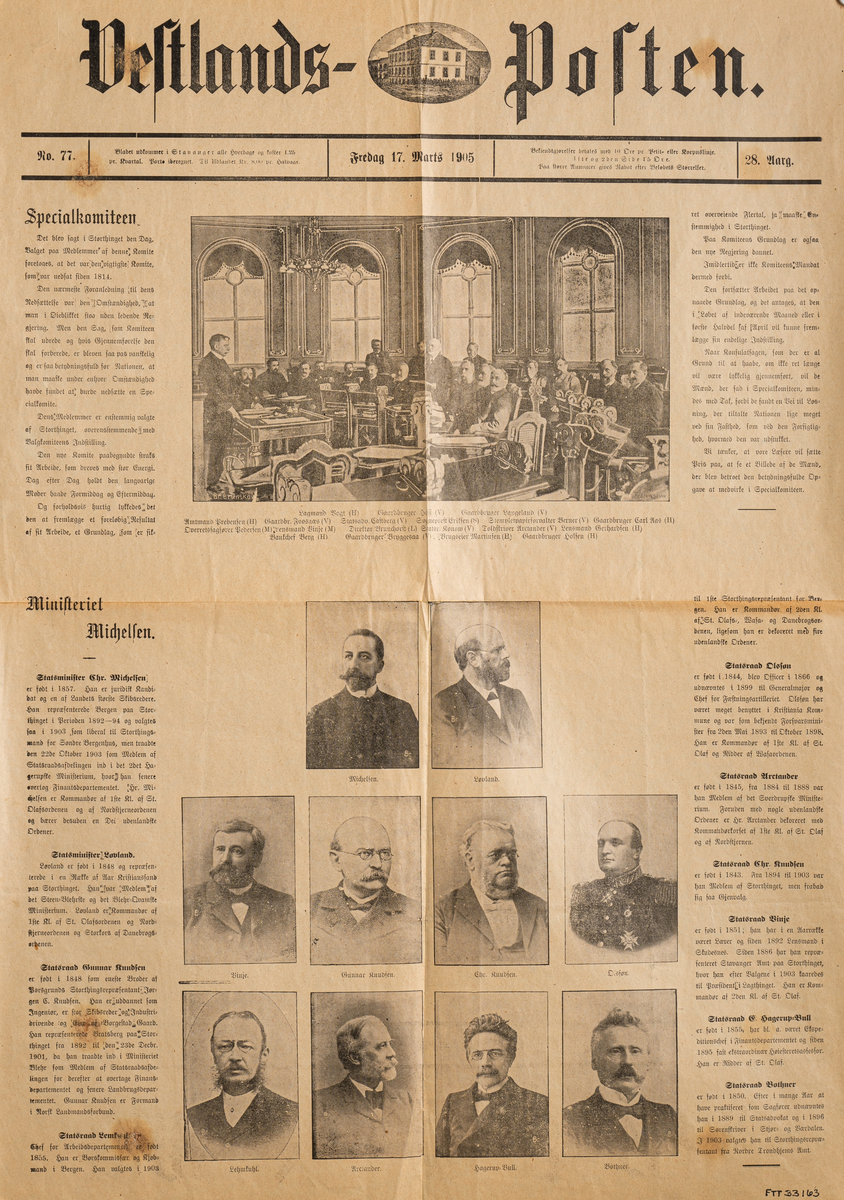 To utgaver av "Vestlandssposten" (1905 og 1912) og et billag som viser "Den nye Regjering. Udnævnt 14de Oktober 1895". Det er både gotisk og latinsk skrift.
