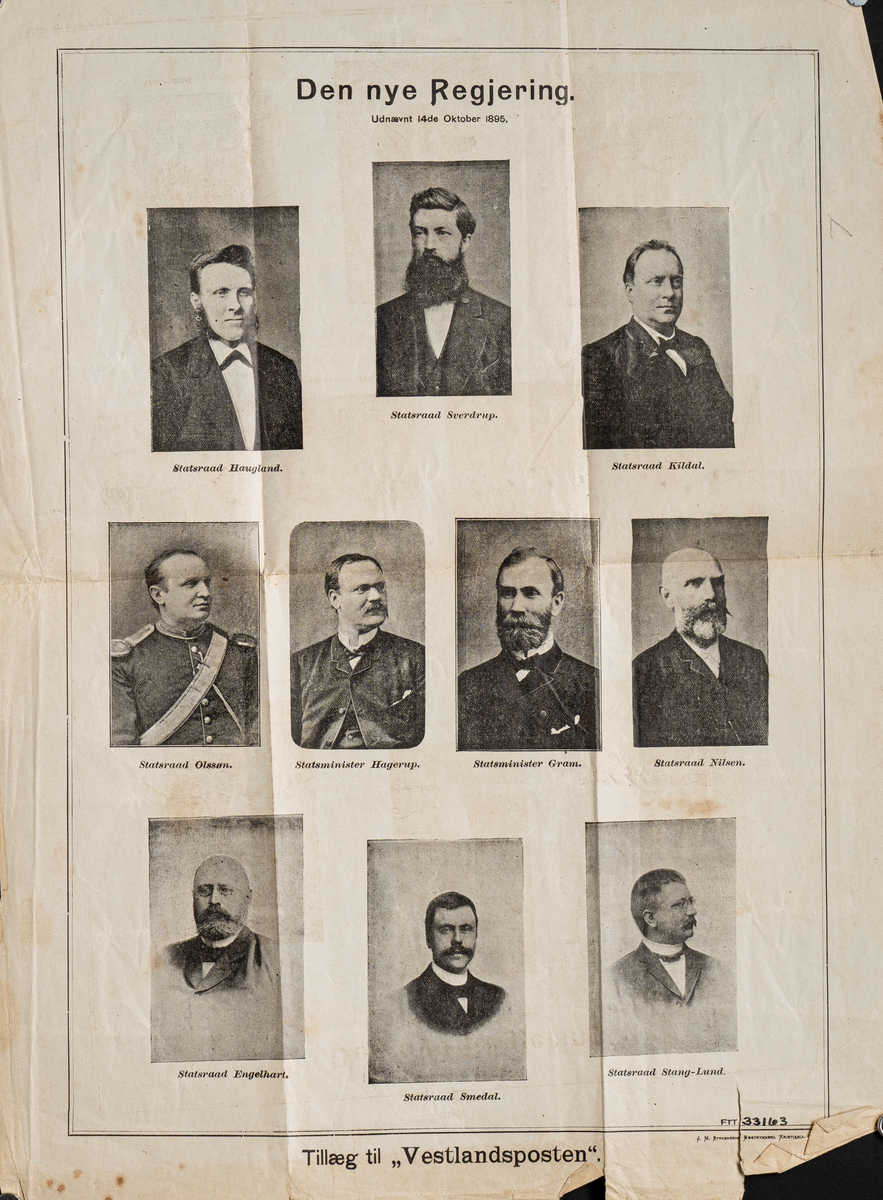 To utgaver av "Vestlandssposten" (1905 og 1912) og et billag som viser "Den nye Regjering. Udnævnt 14de Oktober 1895". Det er både gotisk og latinsk skrift.
