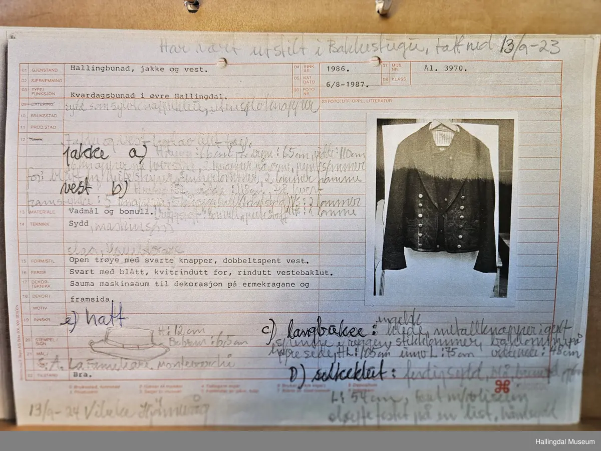 a) åpen mannstrøye, b) mannsvest, c) langbukse, d) halsklut og tilhørende også e) hatt. Open trøye m svarte knappar, dobbelspent vest. Svart m blått, kvitrundut for, rindutt vestebakklut. Sauma maskinsaum til dekor på ermekragar og framside. Ferdig sydd halsklut i silketøy. Filthatt med silkebånd og silkefor.