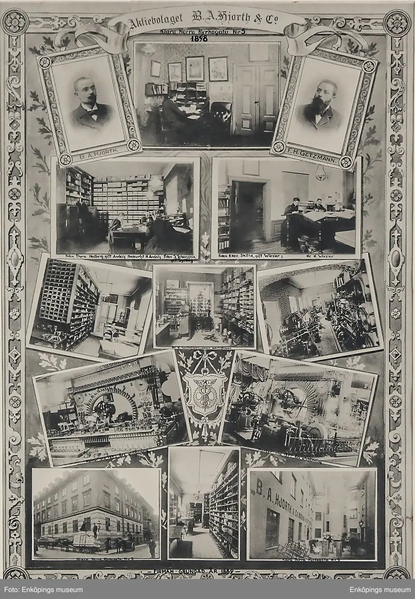 Tavla motiv: Småbild över verksamheten B. A. Hjorth & Co Klara norra kyrkogatan5, 1898. Firman grundad 1889 aktiebolaget B. A. Hjorth & Co 5309.