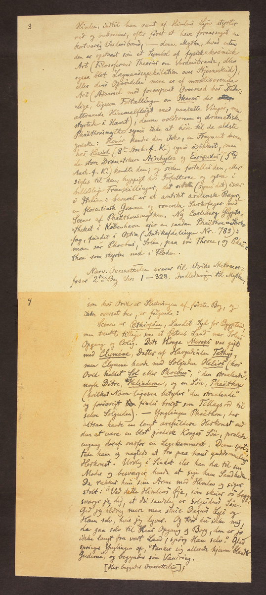 Mapp i brunt skinn. Marmorerad, blåmönstrad insida. 
Innehåller handskrivet originalmanuskript och illustrationer (akvareller, 9 st.), avsedda för K.G. Bröndsteds 
och Elisabeth Bergstrand-Poulsens tilltänkta bok "Ovidius - Phaëtons flugt" från 1932, allt monterat på 
gråsvarta papperssidor.