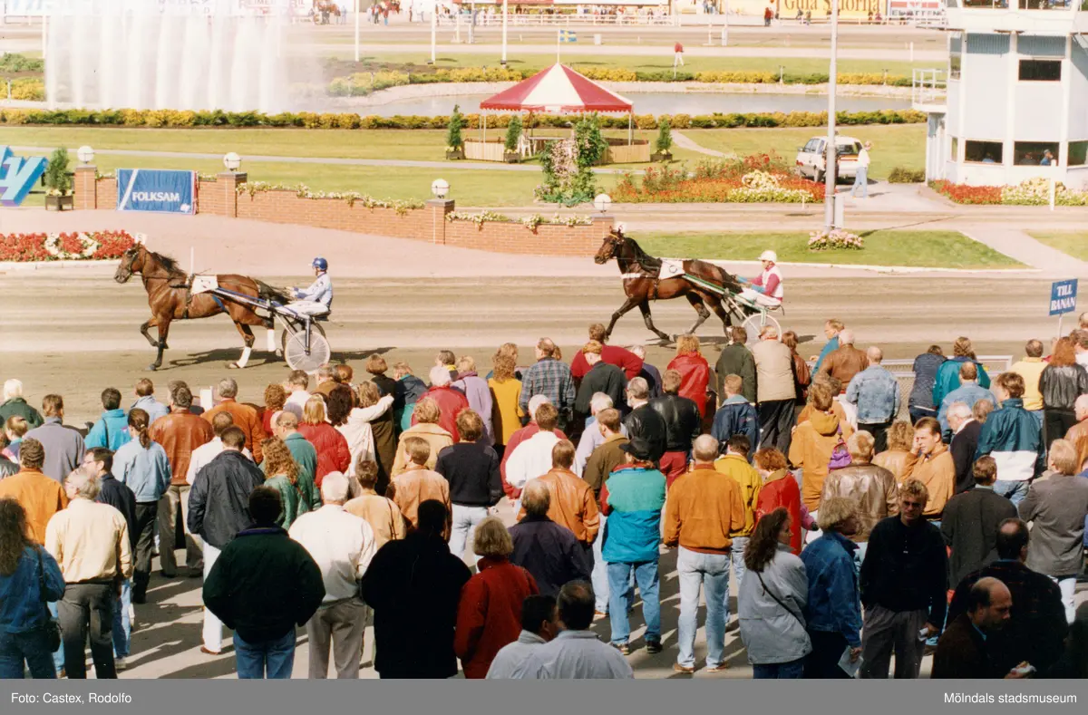 Publiken följer travloppet Åby Stora Pris på Åbytravet i Åby, Mölndal, hösten 1993.