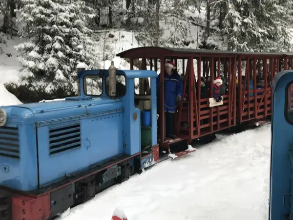 Et blått lite lokomotiv, med røde vogner med barn i, som kjører gjennom snødekket skog.