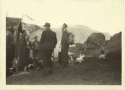 Ei gruppe menn, hundar og høner utanfor ei gjetarhytte i eit