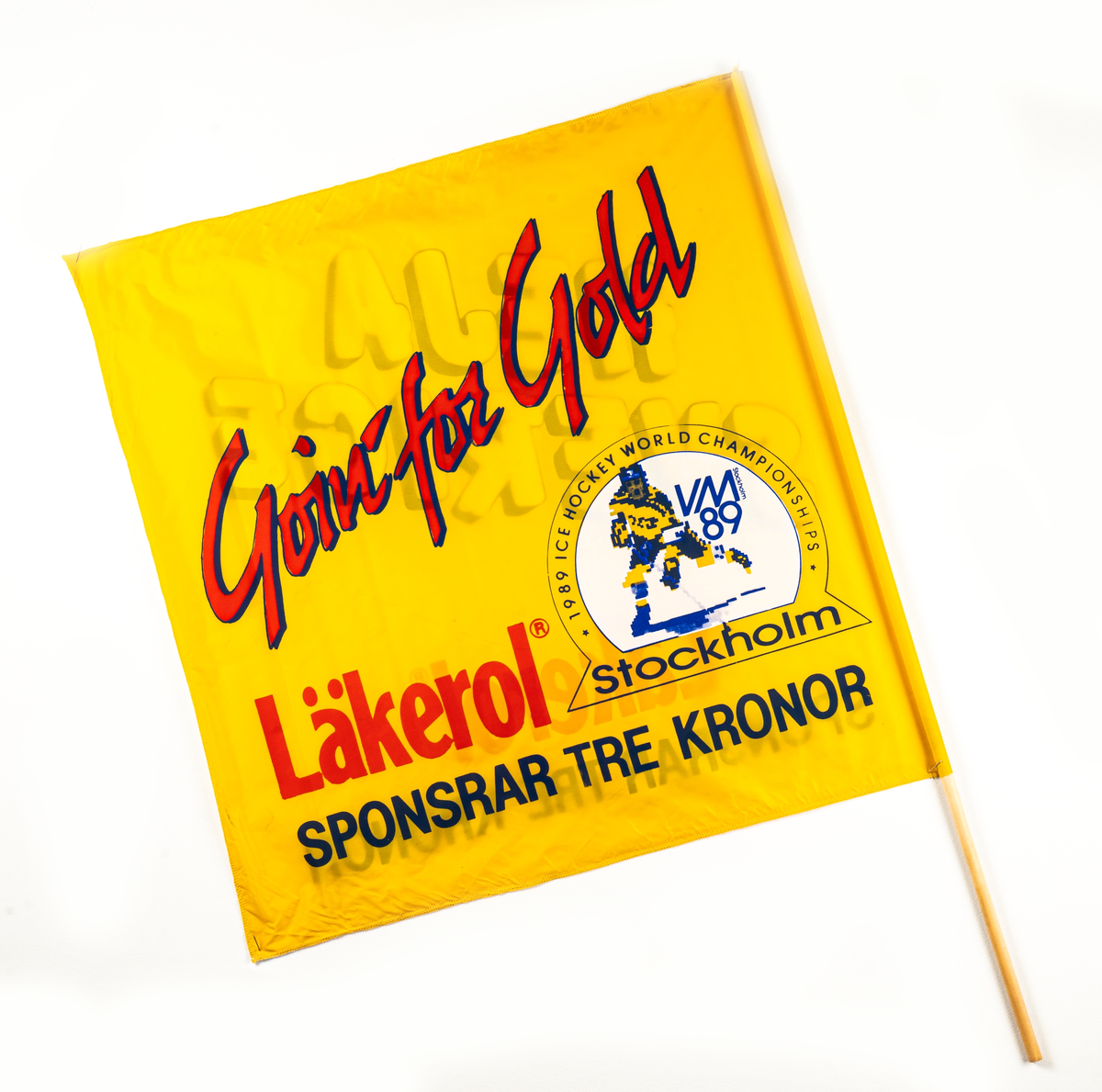 Gul supporterflagga för Ishockey VM 1989,