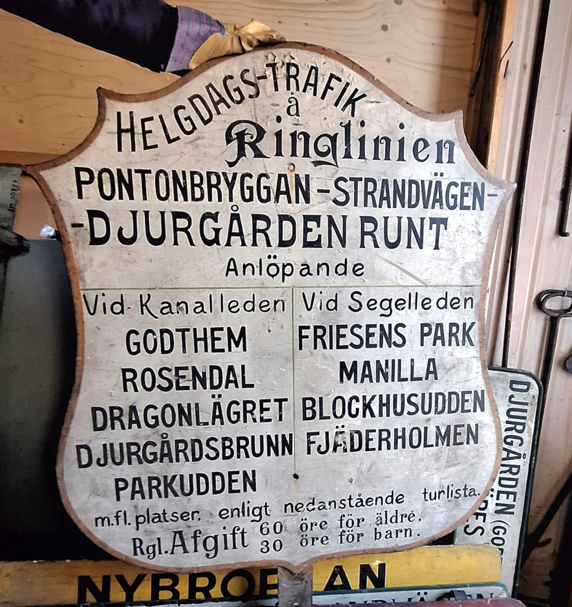 Skylt för ångslupslinje med ringlinjens bryggor. Troligen från 1900-tal eller 1910-tal. Färjorna gick från pontonbryggan vid Slussen där troligen skylten också suttit.