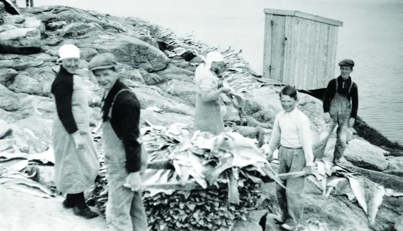 Gutter og jenter på fiskarbeid på Nordlandet i Kristiansund ca 1930.