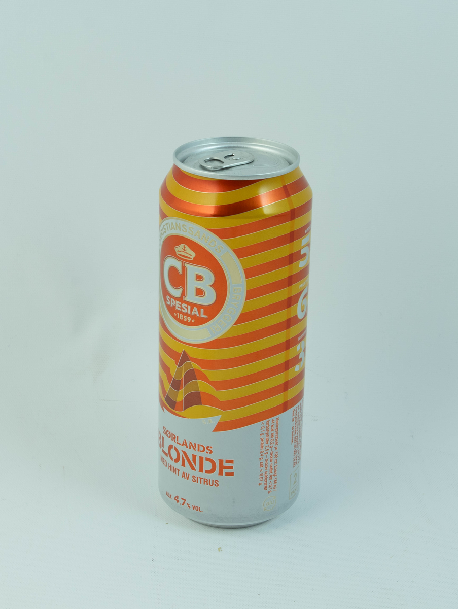 Oransje og hvit aluminiumsboks med gulldetaljer