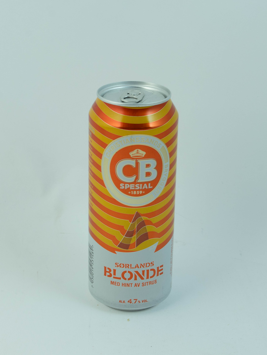 Oransje og hvit aluminiumsboks med gulldetaljer