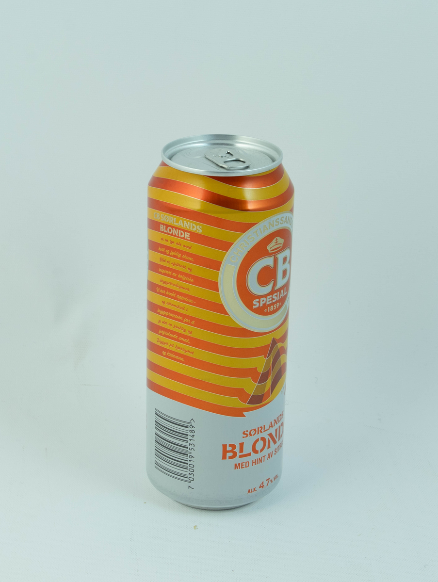 Oransje og hvit aluminiumsboks med gulldetaljer