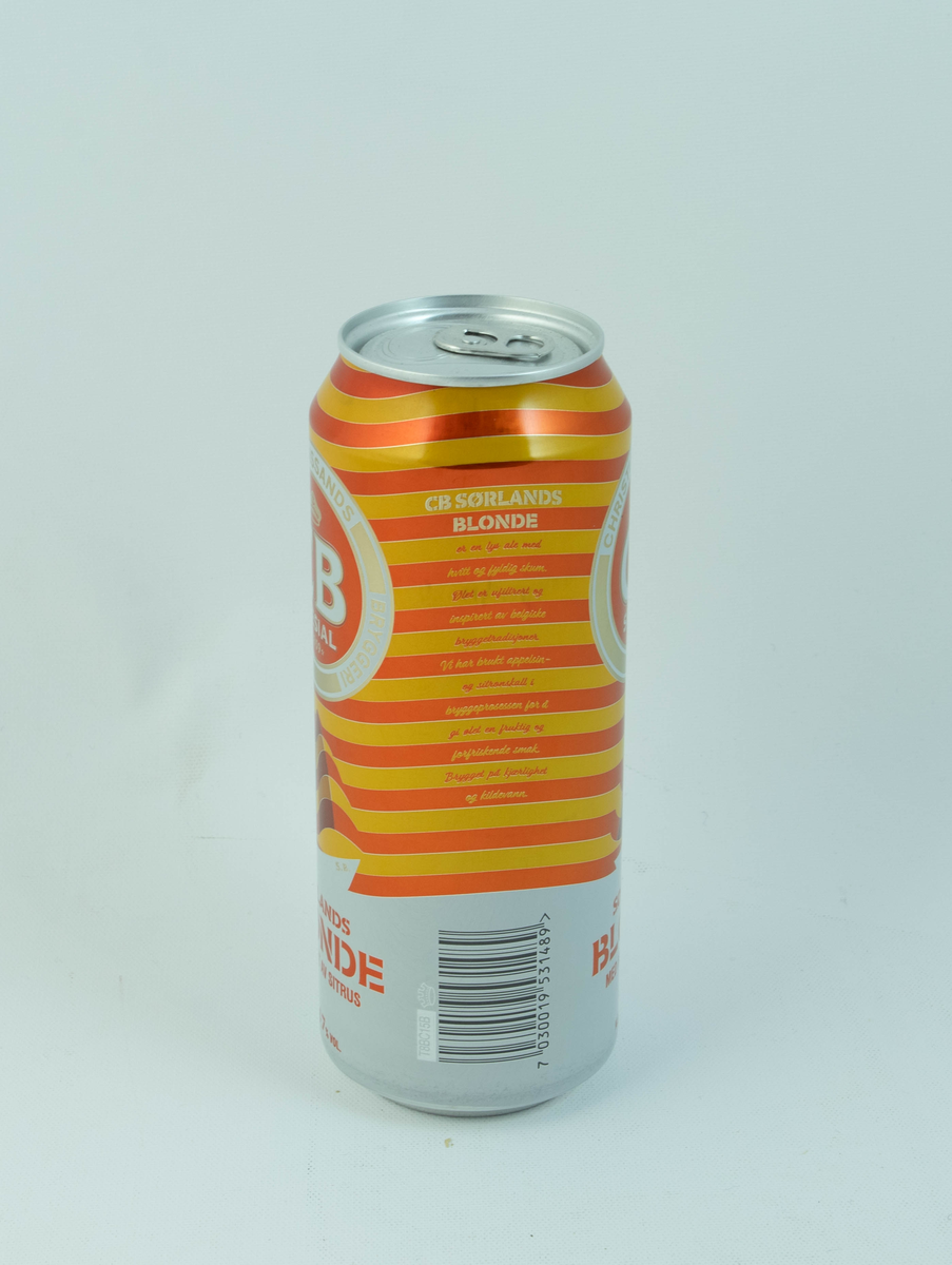 Oransje og hvit aluminiumsboks med gulldetaljer