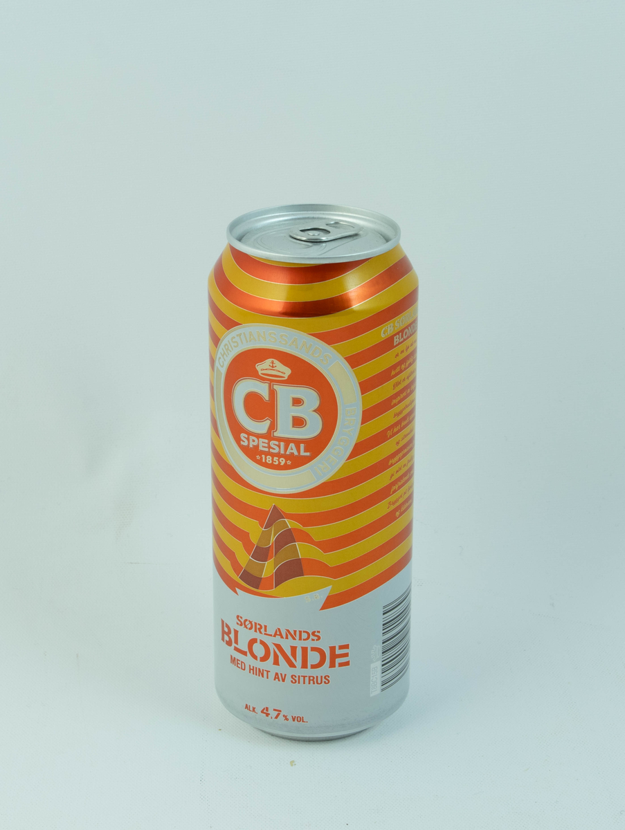 Oransje og hvit aluminiumsboks med gulldetaljer