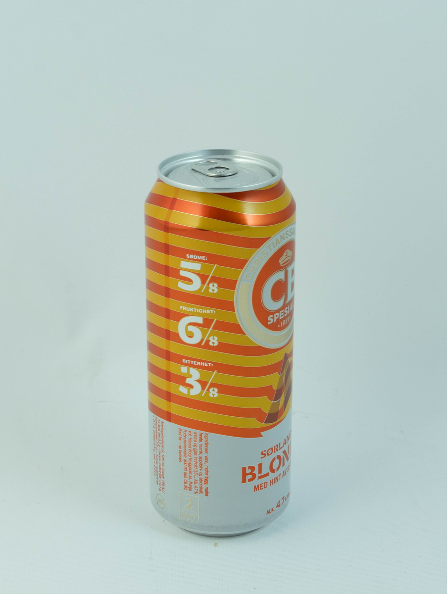 Oransje og hvit aluminiumsboks med gulldetaljer