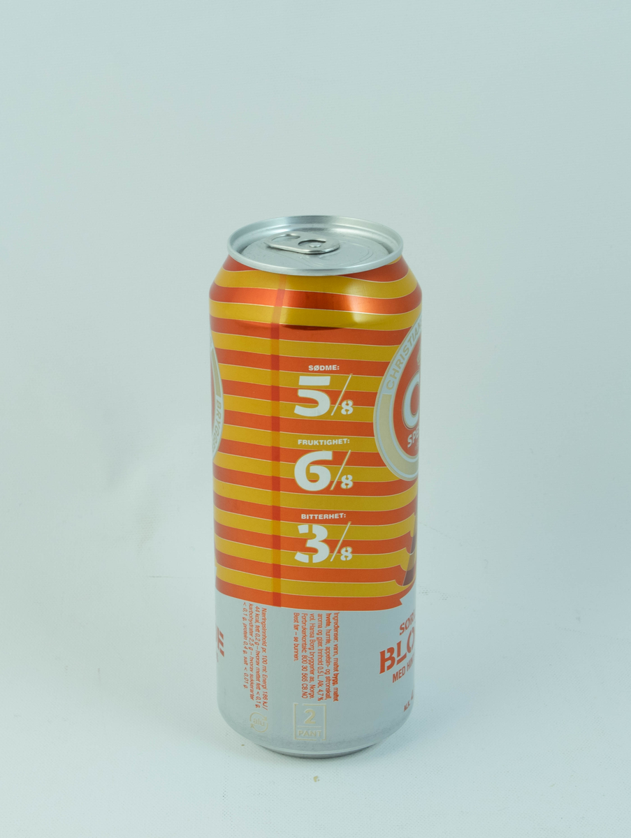 Oransje og hvit aluminiumsboks med gulldetaljer