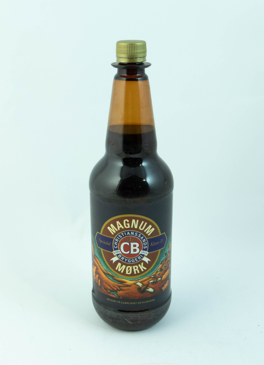 Brun plastflaske med flerfarget etikett