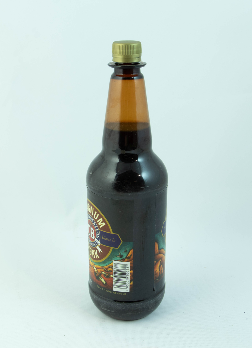 Brun plastflaske med flerfarget etikett