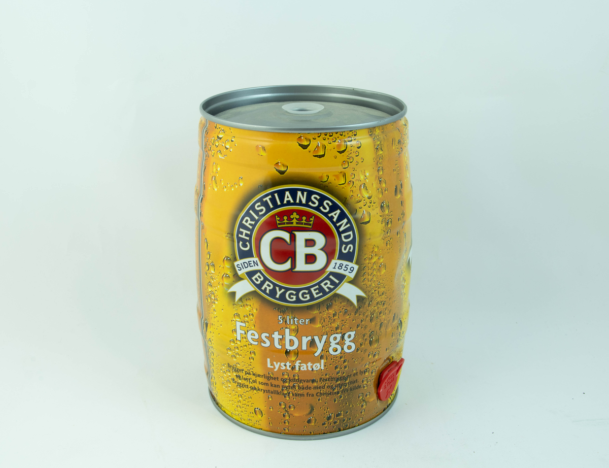 Gult aluminiumsfat med flerfarget logo og detaljer