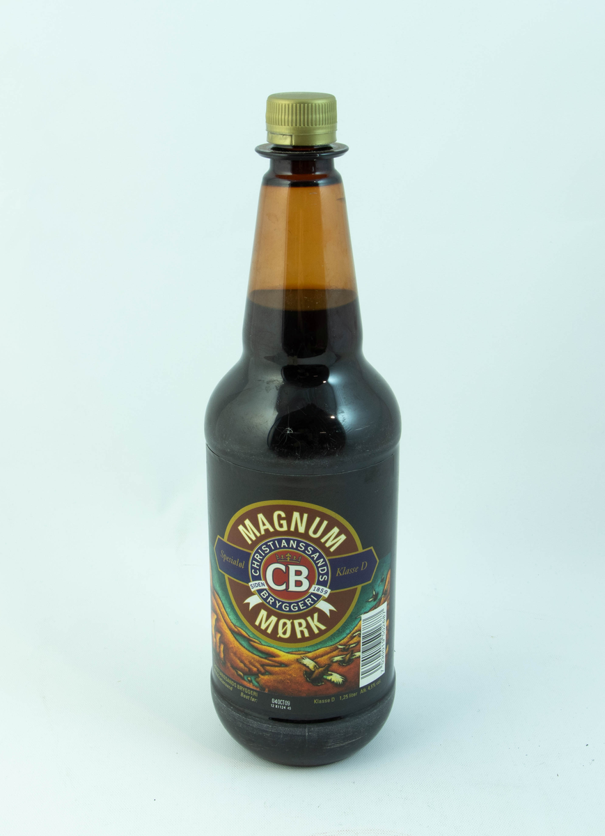 Brun plastflaske med flerfarget etikett