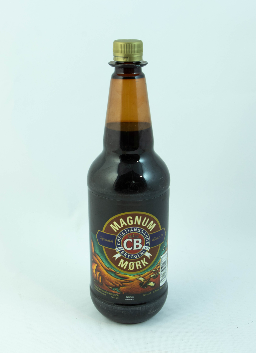 Brun plastflaske med flerfarget etikett