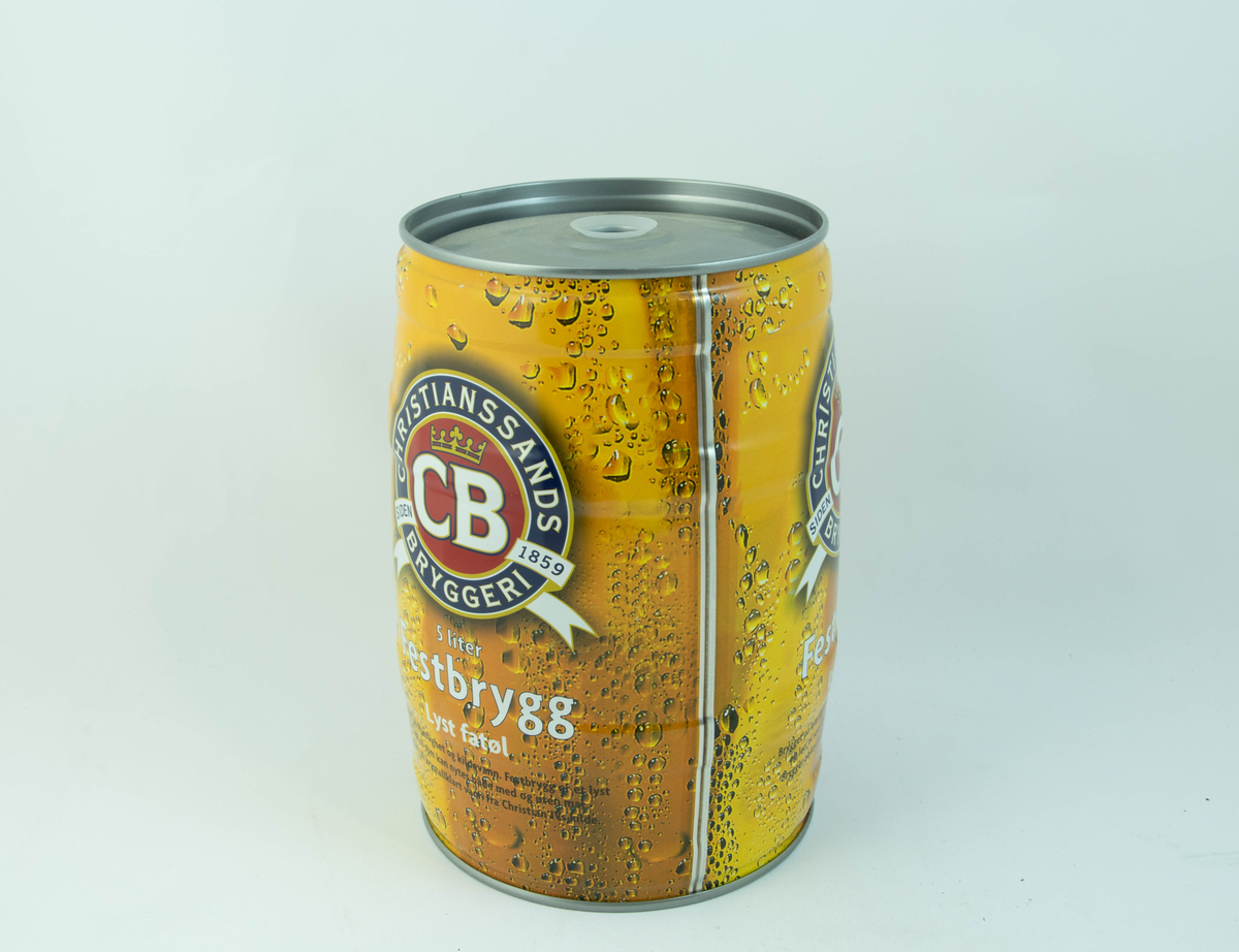 Gult aluminiumsfat med flerfarget logo og detaljer