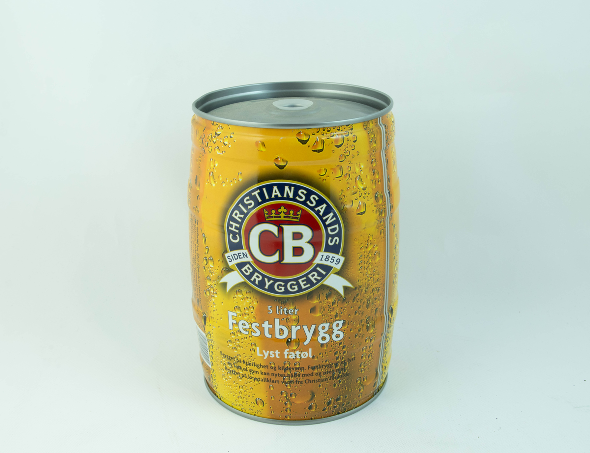 Gult aluminiumsfat med flerfarget logo og detaljer